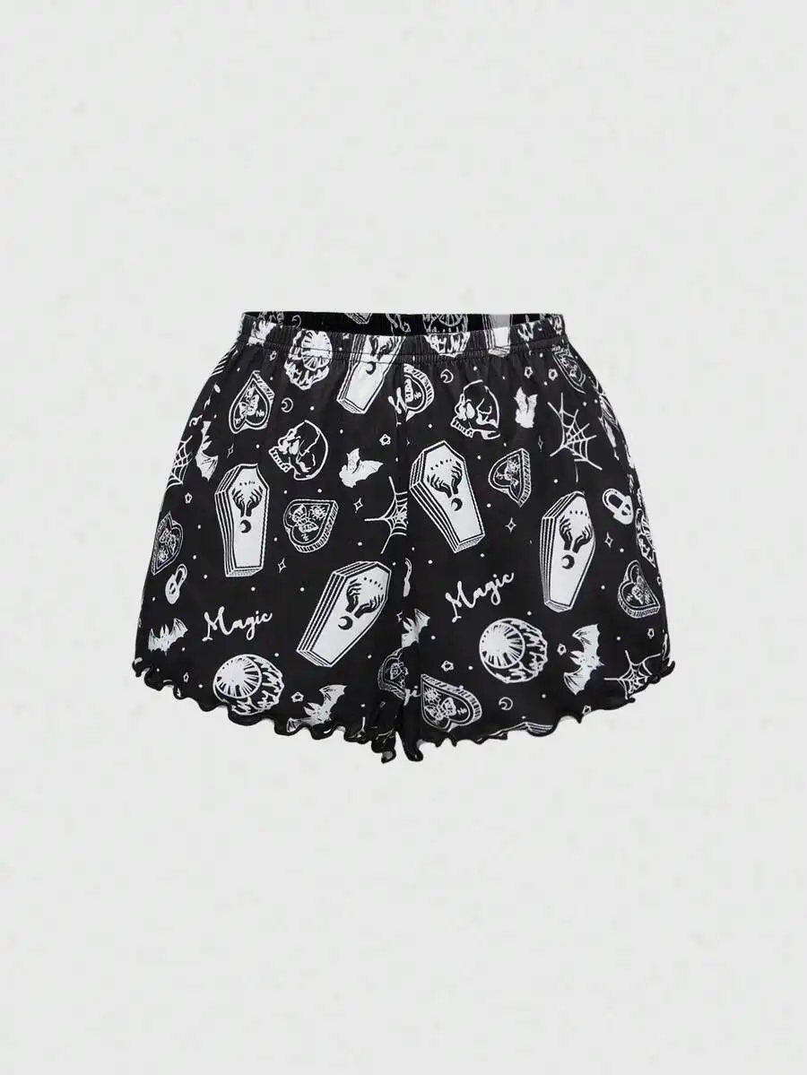 

Womens Gothic Print Pajama Shorts With Coffin Bat Spider Pattern