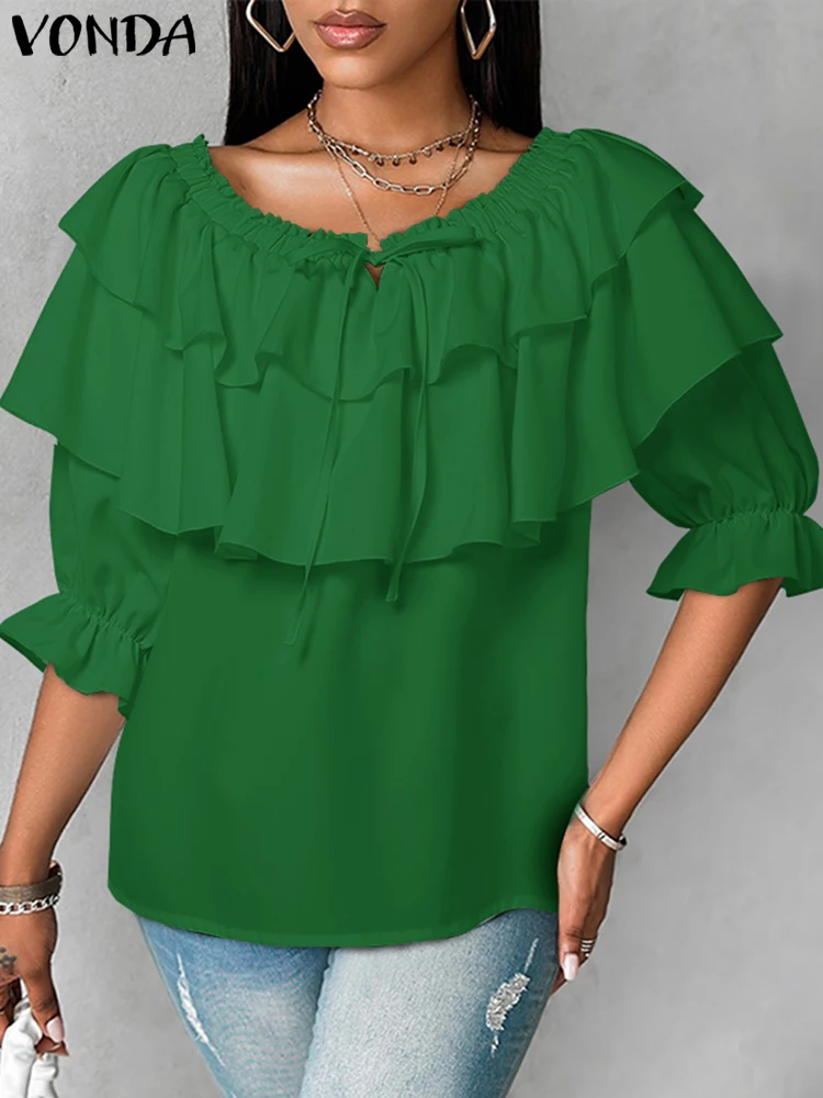 Plus Size 5XL VONDA Women Blouse Fashion Solid Color Off Shoulder Tunic 2024 Casual Multi-layer Ruffle Shirts Bohemian Tops