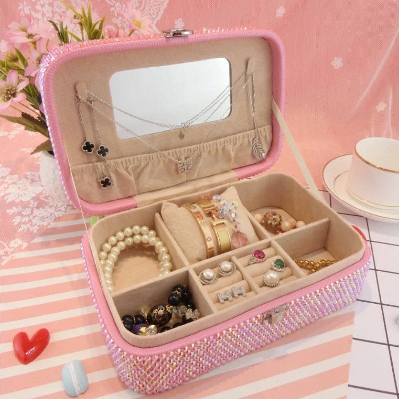 Rhinestone Mounted Diamond Jewelry Box Cartoon Double-layer Lockable Large Capacity Jewelry Storage Box Birthday Gift