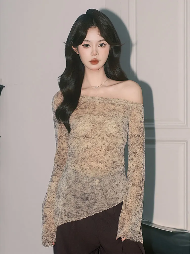 

Long Sleeved T Shirts V Female Womens Autumn Lettuce Trim Fitted Silhouette Minimalist Student Artistic Texture Subtle Youthful