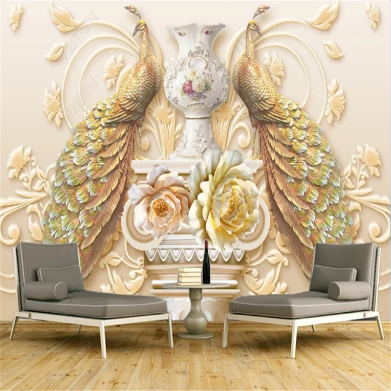 

Bedroom Wallpapers Mural Wallpaper 3D For Living Room Embossed Golden Peacock Pattern TV Background Wall Papers Home Decor