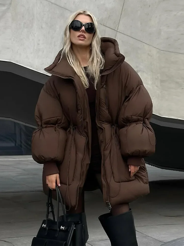Fashion Solid Hooded Thick Cotton Women's Jacket Oversize Loose Long Sleeved Zipper Tied Jacket Casual 2026 Winter Snow Wear 4