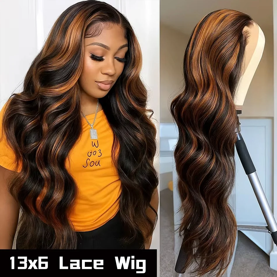 Highlights Body Wave 13x6 HD Omber Kantwerkpruik van Echt Haar, Voorgeplukt, 1B/30 Zwart Bruin Gekleurd Haar, 13x4 HD Kantwerk Frontal Pruiken