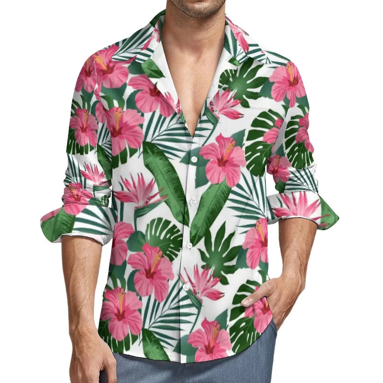 

Tropical Palm Leaves Casual Shirts Men Pink Hibiscus Flower Pattern Shirt Long Sleeve Retro Street Blouses Autumn Top 3XL 4XL