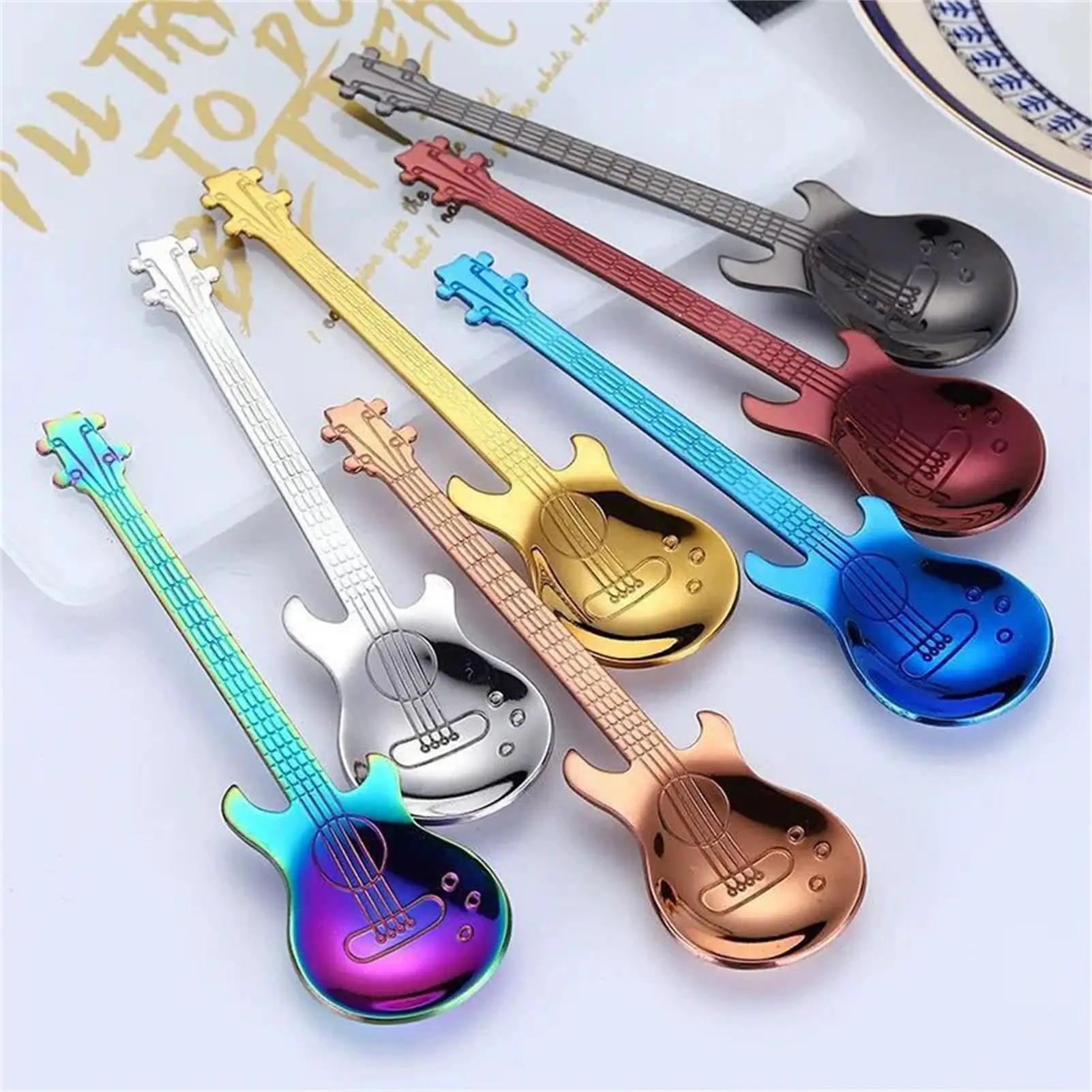 Stainless Steel Drinking Spoon Colorful Guitar Tea Spoon Creative Mixing Spoons Easy To Clean Cute Stirring Spoon For Ice Cream