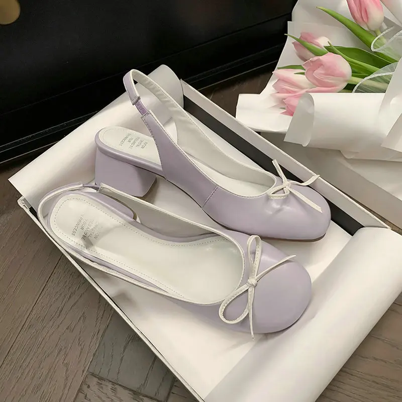 Genuine Leather Sweet Bowtie Knot Lady Summer Slingback Shoes Silver Pink Light Purple Square Chunky Heels Women Luxury Sandals