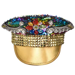 Luxury Gold Rivets And Colorful Sequined Rhinestones Rave Festival Military Hat Cosplay Headwear Club Party Fashion Accessories