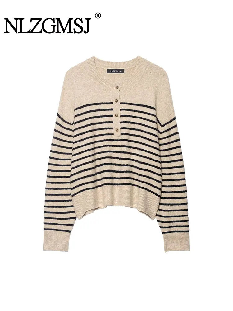 

NLZGMSJ Women Sweaters 2025 Winter Long Sleeve Striped Print O-Collar Loose Pullovers Female Top Y2K