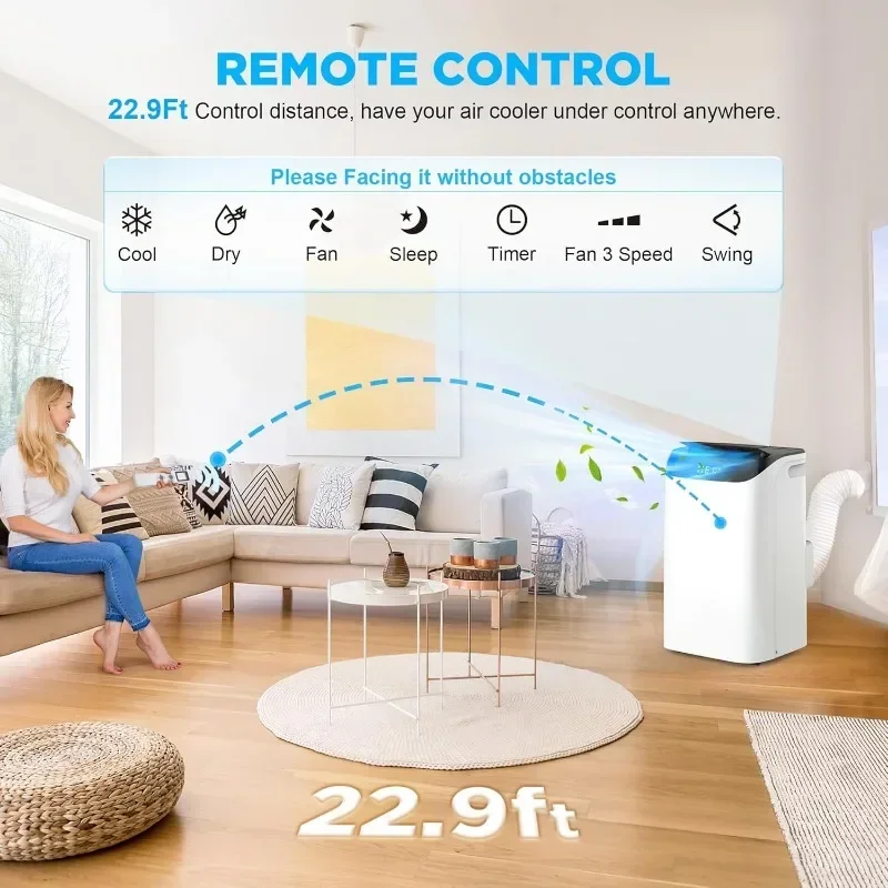 Ar condicionado portátil com controle remoto, unidade de CA inteligente, ventilador e desumidificador, quarto e uso doméstico, esfria o quarto