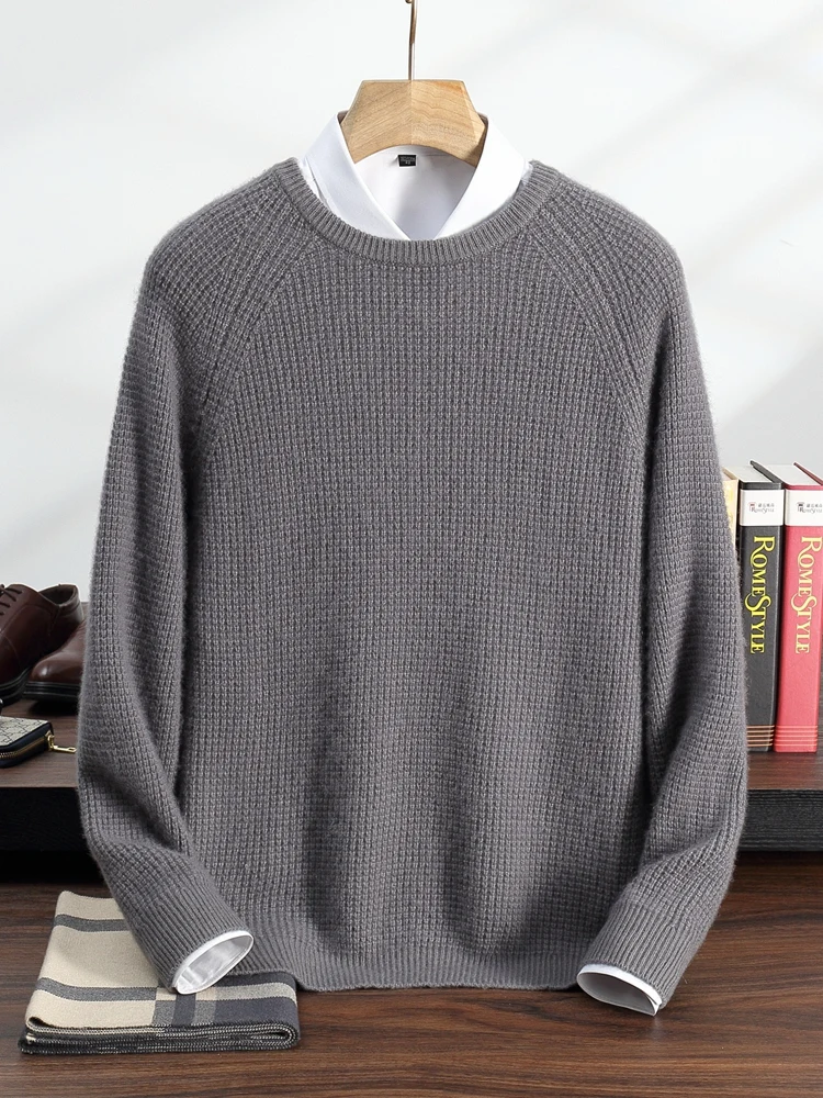 Autumn Winter 100% Cashmere Pulllover Sweater Men's O-neck Smart Casual Soild Thick Basic Kintted Raglan Sleeve Tops High-end