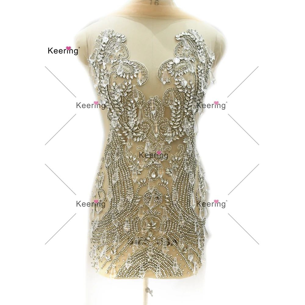 Large Rhinestone Applique for Sewing on Dress, Heavy Patch, Crystal Beaded Body, Evening Prom, Handmade Supply, WDP-406