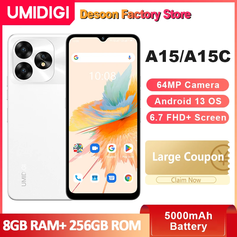 smartphone com tela hd mais carregamento rapido versao global a15c camera 64mp 8gb ram 256gb rom 67 5000mah bateria 20w umidigi a15 01