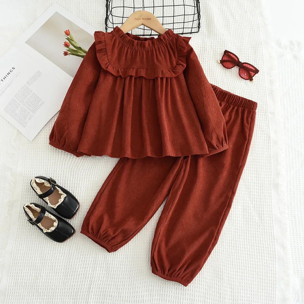 Kids Clothes Girls Red Long Sleeved Top+Long Pants Daily 2-piece Set Autumn New Solid Color Girls\' Clothes 3 4 5 6 7 Years Old