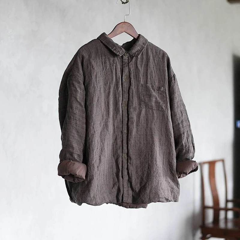 

Женские хлопковые льняные повседневные пальто, Новое поступление, осень 2022, винтажный стиль, полосатые женские толстые базовые куртки с отложным воротником M2053