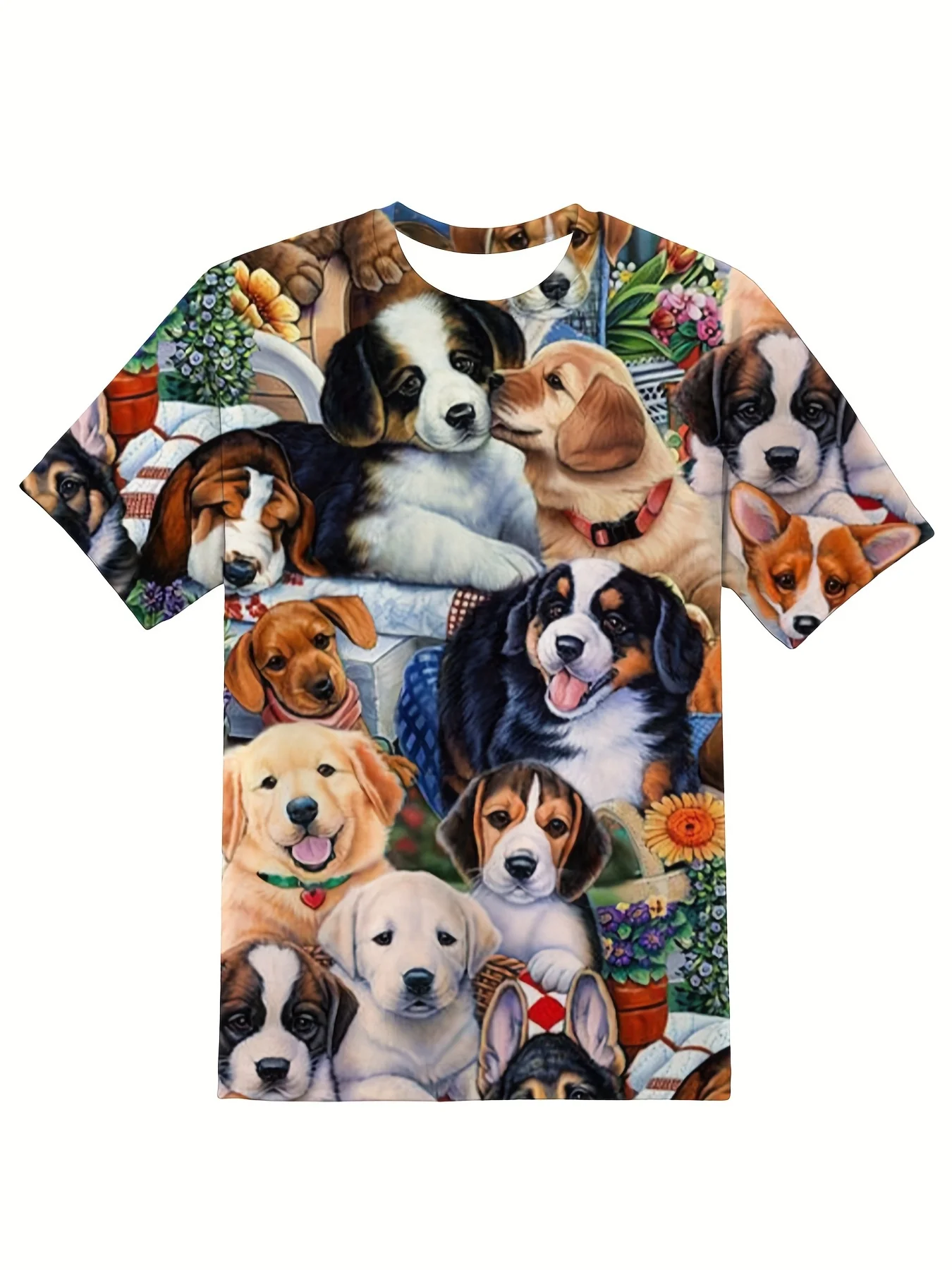 Women Crew Neck Short Sleeve T‑Shirt, Cute Mixed Breed Puppy Dog Pack Floral Pet Animal Graphic Casual Summer Tee