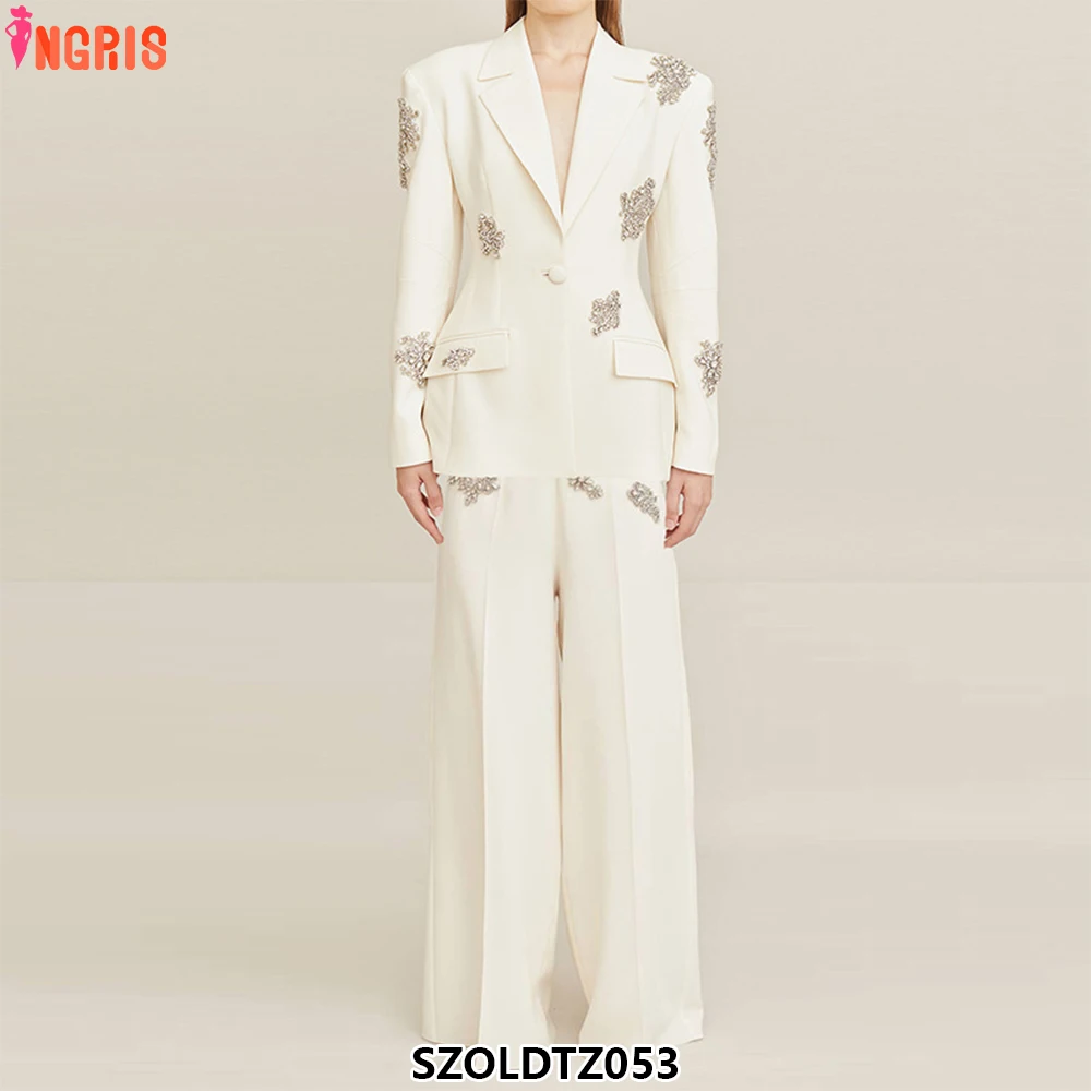 

2025 New Casual Women's Two-piece Set Heavy Beaded Diamond Nail Single Button Suit Jacket-SZOLDTZ053