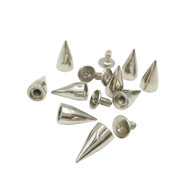 100Pcs/Set 14mm Silver Cone Spots Metal Studs Screw Bead Leathercraft Rivet Punk Spike Bullet DIY Spikes For Clothes Bags Belt