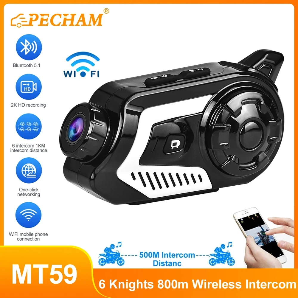 

MT59 Motorcycle Intercom Helmet Dash Cam Wireless Bluetooth Headsets BT5.1 2K High Definition Video Record 6 Riders Communicator