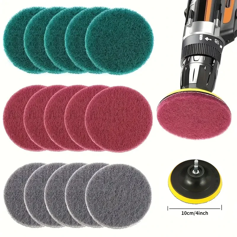 16Pcs 4 Inch Drill Power Brush Tile Scrubber Scouring Pad Cleaning Kit with 4 Inch Disc Pad Holder 3 Different Stiffness