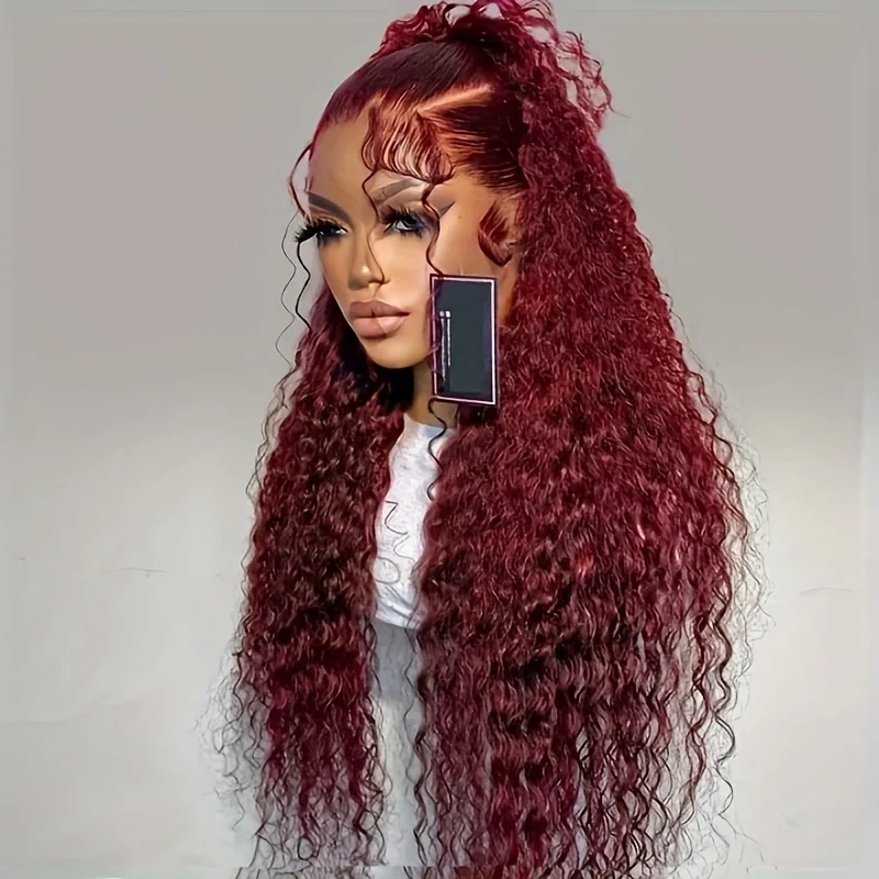 

99j Кудрявый Мягкий Длинный Бордовый 26 Дюймов 180 Плотность Бесклеевой Синтетический Парик Фронта Шнурка 13*6 Для Чернокожих Женщин Детские Волосы Предварительно Сорванные