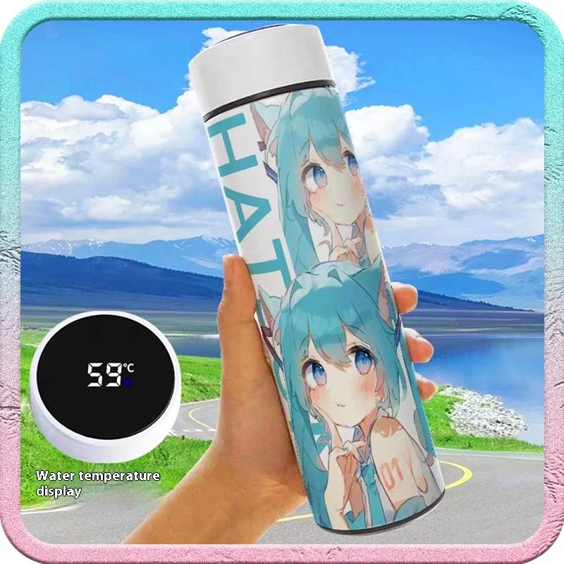 500ml Hatsune Miku Smart Thermos Cup Large Capacity Compact Stainless Steel 304 Portable Temperature Display Water Cup Gift