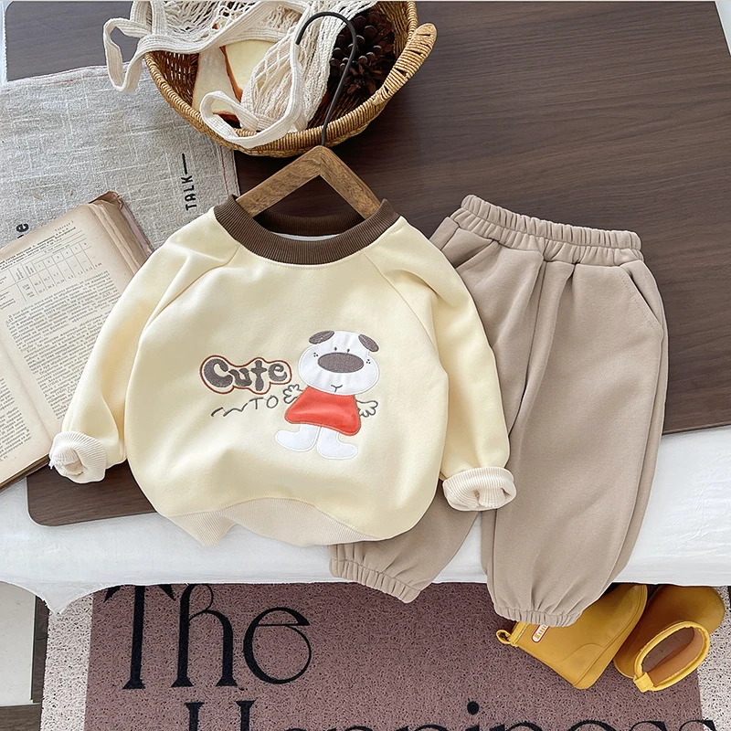 Baby Tracksuit Cartoon Puppy Embroidery Long Sleeve Top + Bundle Hem Sweatpants Infant Autumn Winter Warm Clothing Set