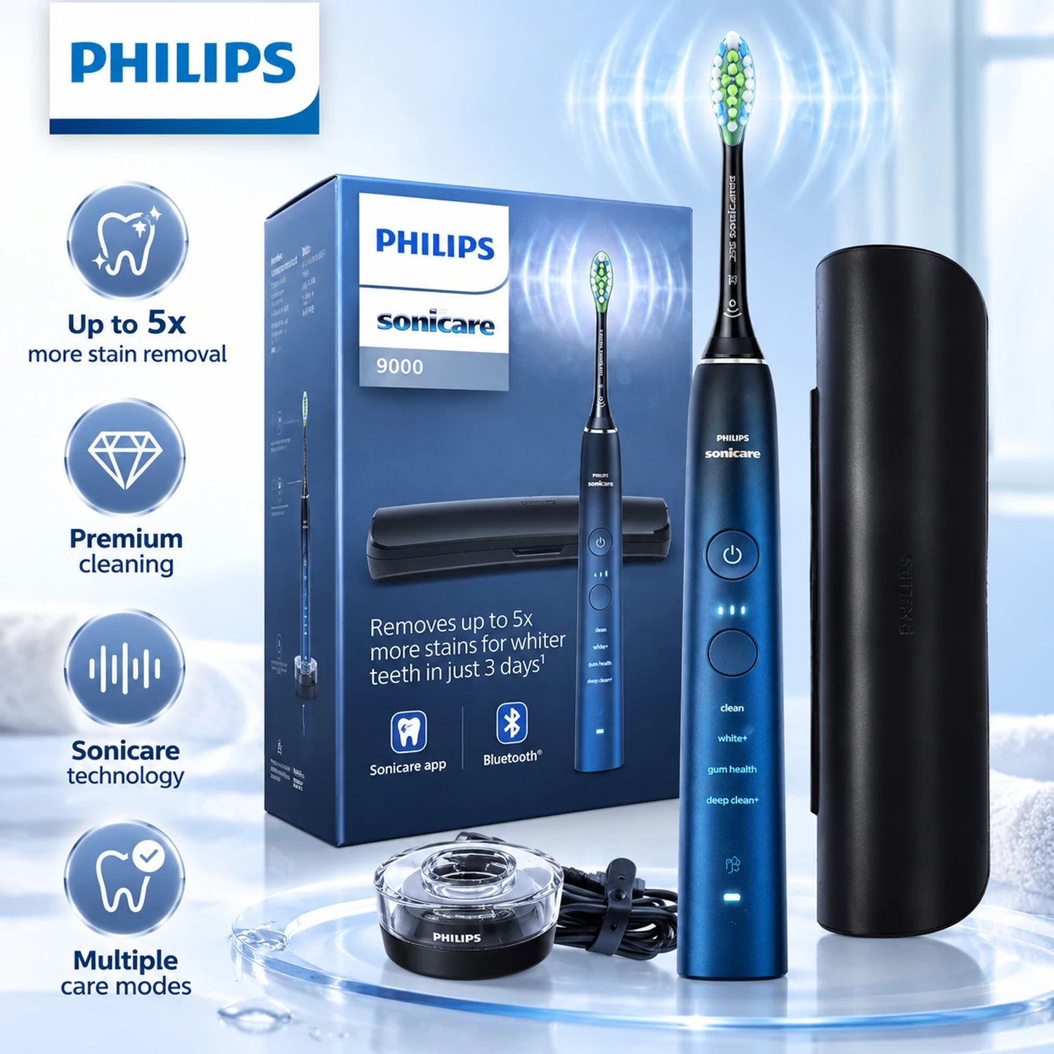 Philips Sonicare Electric Toothbrush HX9911 Rechargeable Sonic Toothbrush DiamondClean 9000 Adult Oral Care Deep Clean Whitening