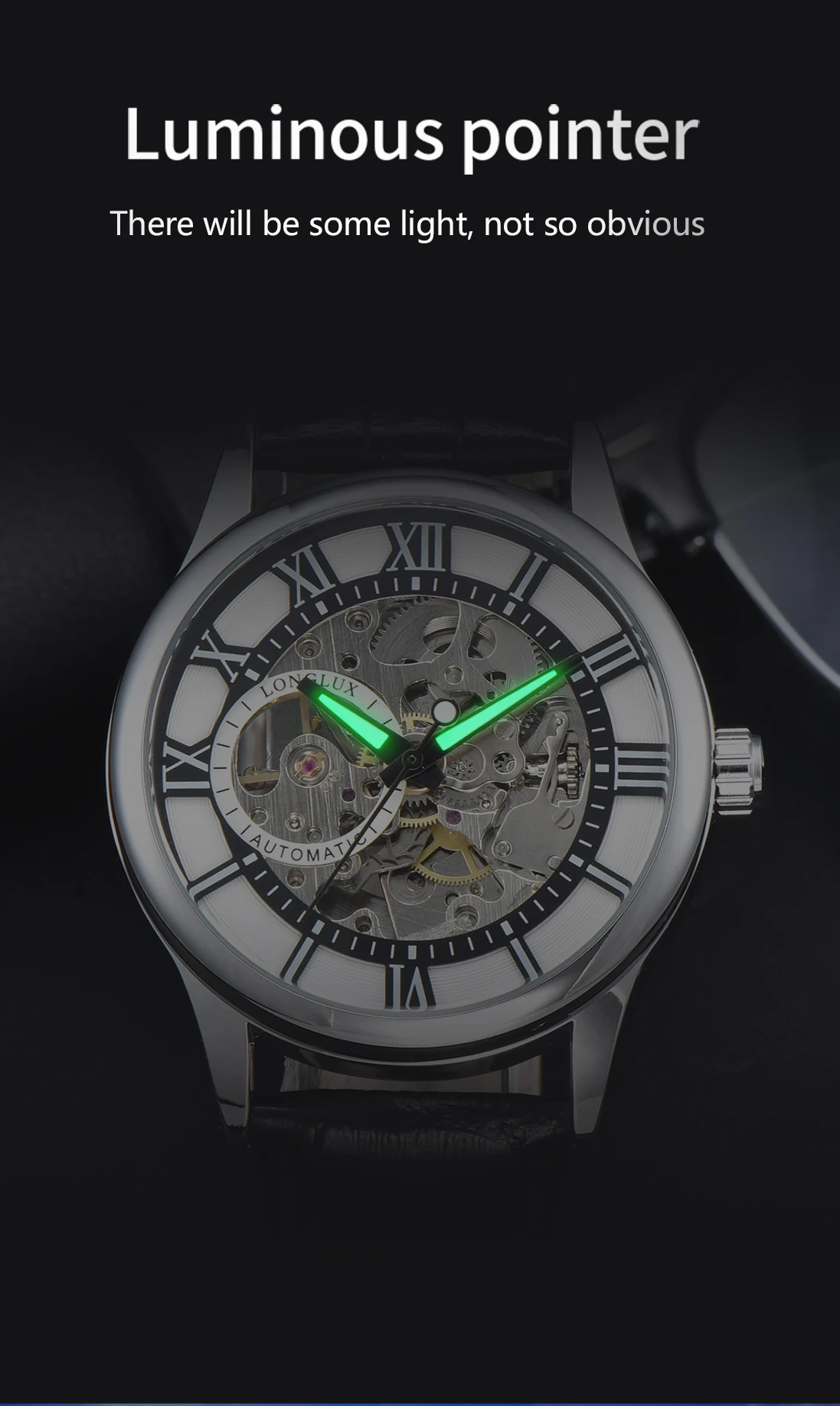 Herren-Automatikuhr, Luxuriöse Mechanische Uhr mit Römischen Ziffern, Wasserdicht, Skelett-Design, Nachleuchtend, Lederarmband, Herrenuhr, Ideal als Geschenk – Detail 8