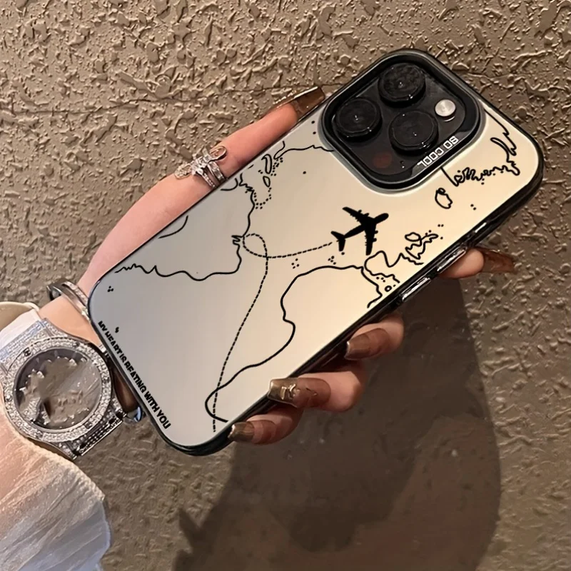 Map aircraft IMD color silver minimalist design or iPhone 17/16/16ProMax/15/14/13/12ProMax/11/11Pro Anti-drop protection