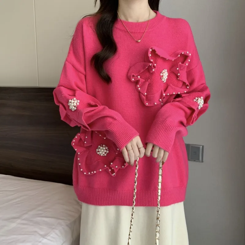 Women Clothing Korean Fashion 3D Flower Beaded Chic Sweet Knitted Sweater Casual Streetwear O Neck Long Sleeve Loose Pullovers