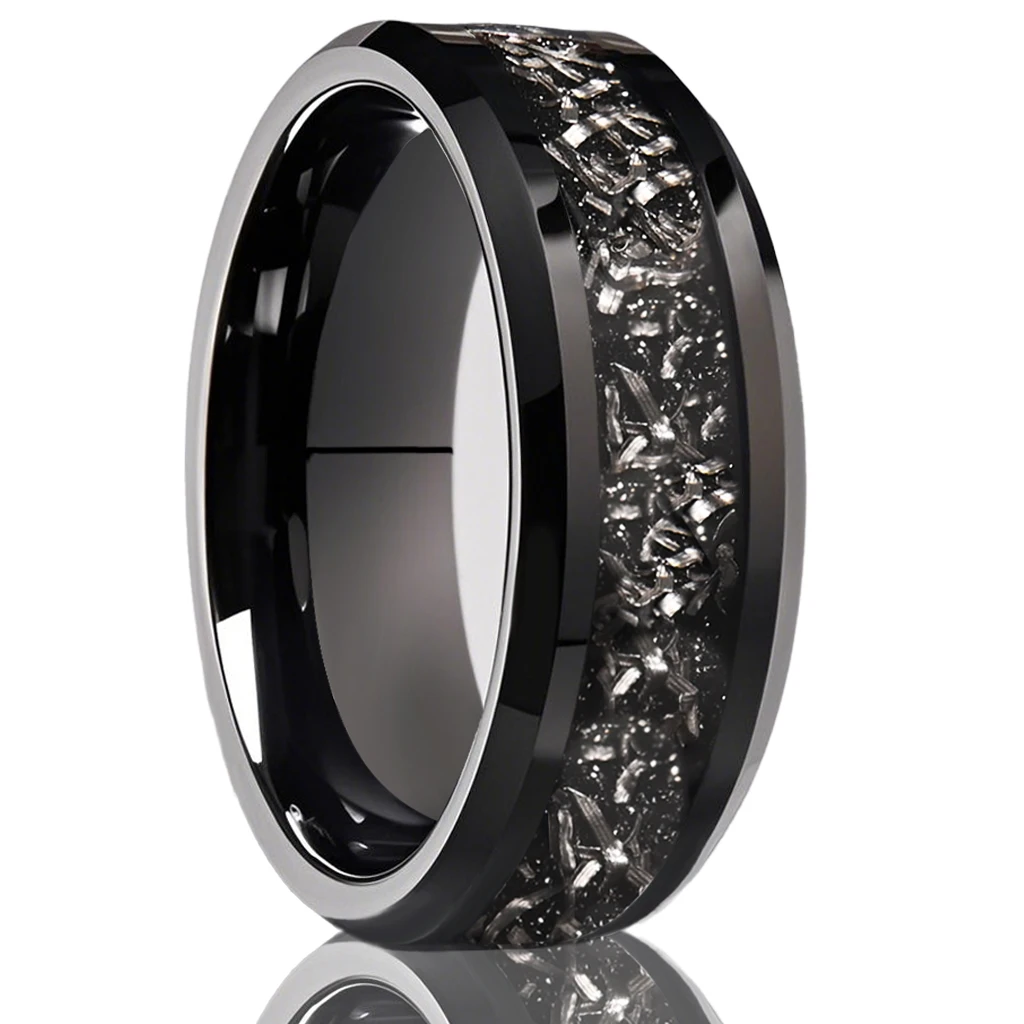 8mm Black Chamfered Meteorite Inlaid Tungsten Steel Ring, High Polished Men's Wedding Band Ring Fashion Jewelry Accessories