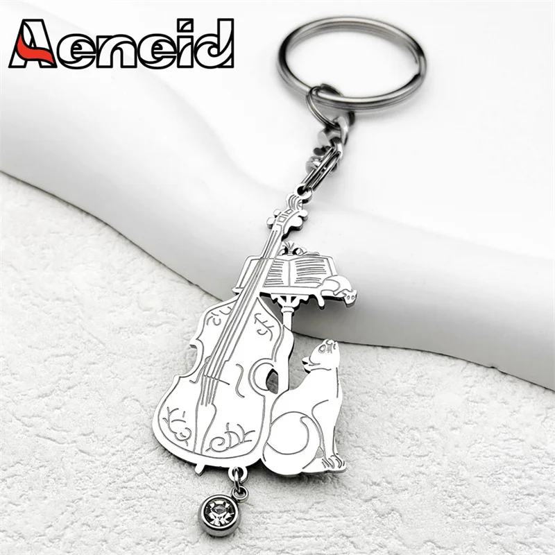 

Rhinestone Stainless Steel Music Cello Cat Key Chain for Men Women Animal Musical Key Chain Christmas Gift Party Jewelry