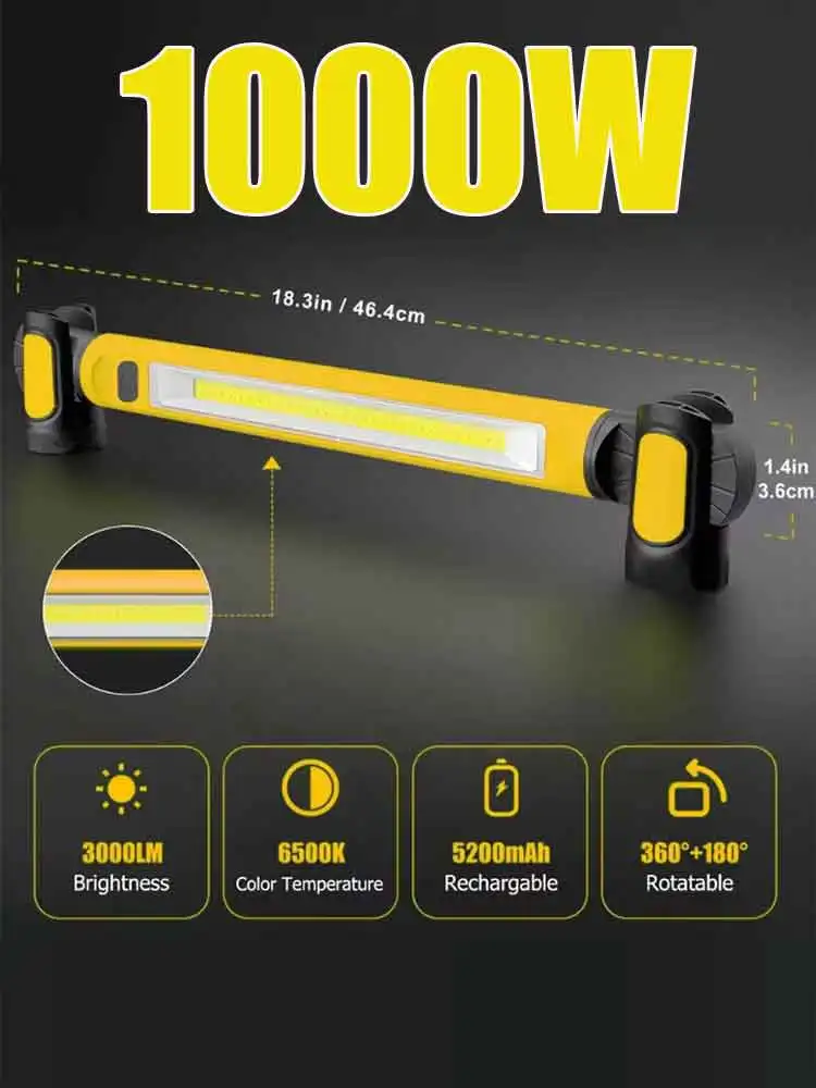 1000W LED 5200mah Magnetic Work Light Rechargeable Underhood Work Light with Hooks&Rotating Magnetic For Car Repairing Emergency