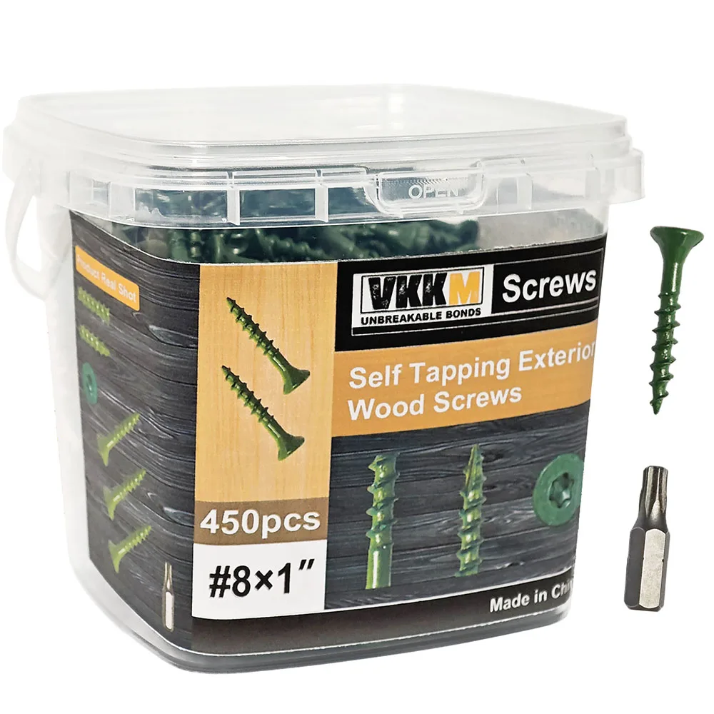 VKKM 1-inch Deck Screws, 450 Pieces of Wood Screws #8*1, Green Anti-rust Epoxy Resin Coating, T25 Plum Blossom/star Drive Bits.