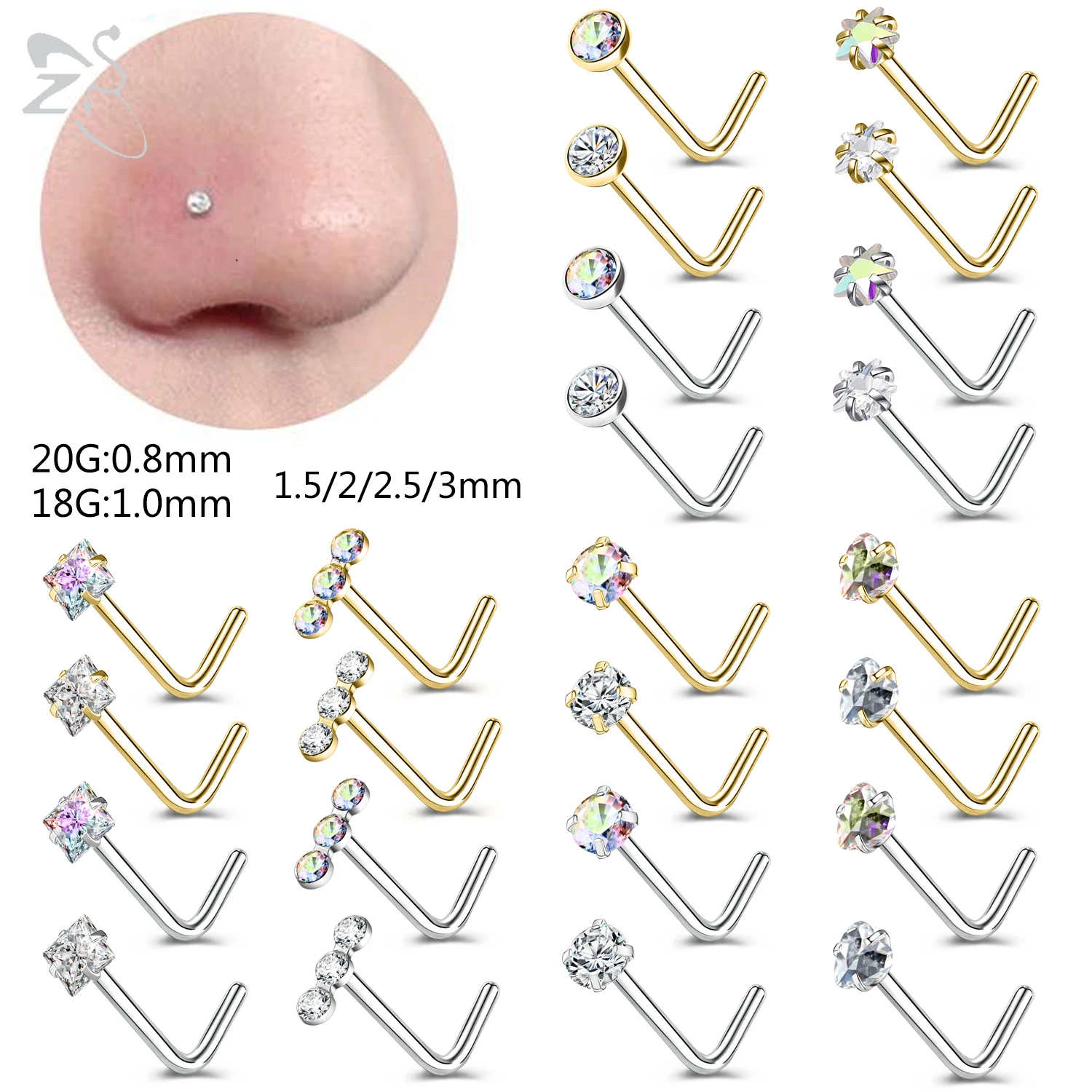 

ZS 10Pcs/lot 20g 316L Stainless Steel Nose Studs Set For Women Star Heart Crystal Nose Piercing 1.5mm/2/2.5/3mm Nostril Piercing