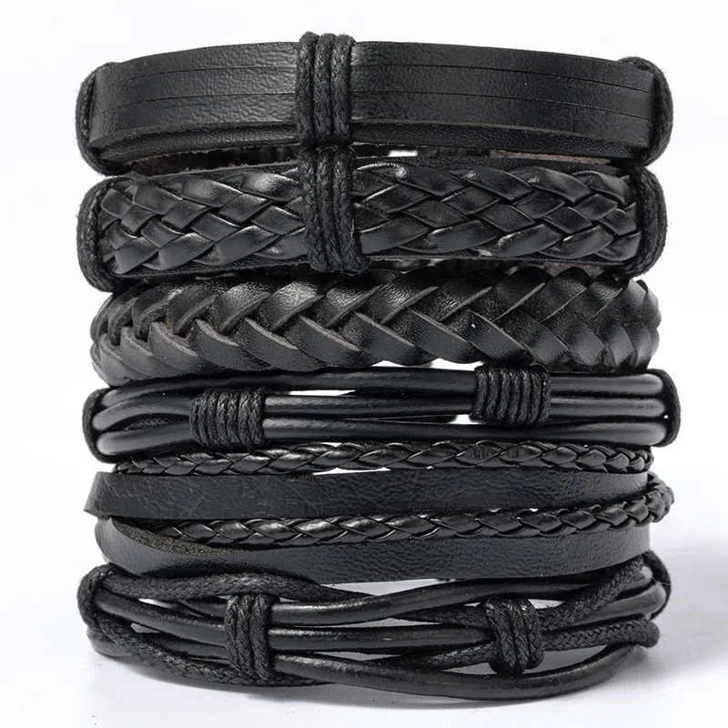 Skórzana bransoletka w stylu vintage dla mężczyzn tkany zestaw ozdoba bransoletka w stylu Punk męska Combo DIY wielowarstwowa bransoletka z amuletem biżuteria — zdjęcie 2