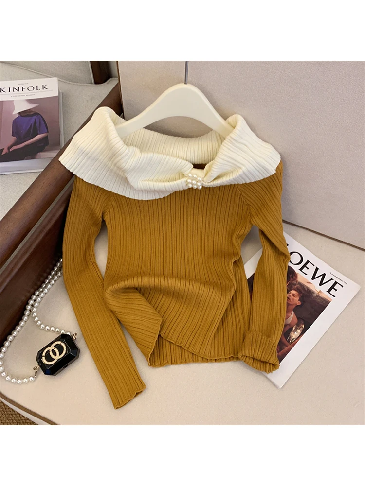 Autumn Winter Women French Vintage Stylish Sweater Simple Jumper Long Sleeve Patchwork Slim Knitwears 2000s Aesthetic Old Money