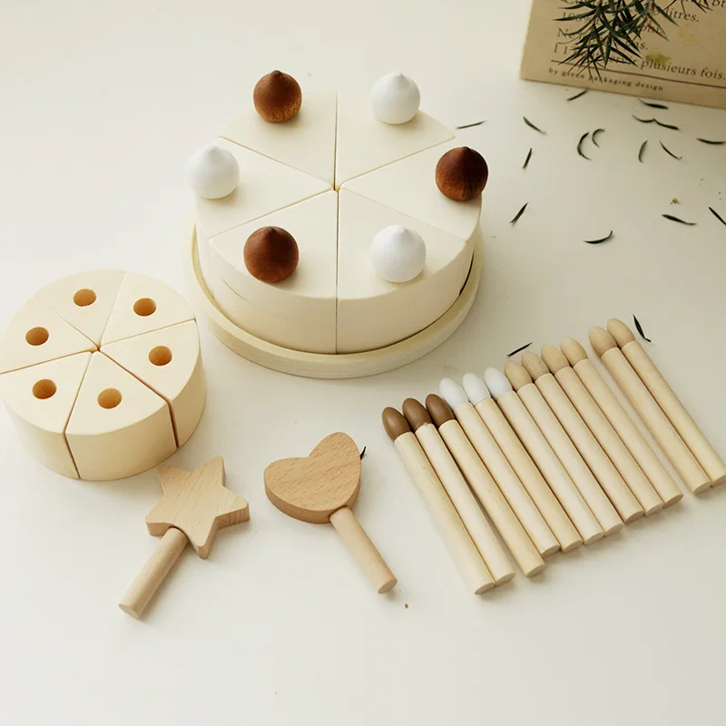 Modèle de gâteau d'anniversaire en bois pour enfants, outils de jeu pour enfants, décorations pour la maison, jouets intelligents faits à la main pour bébé