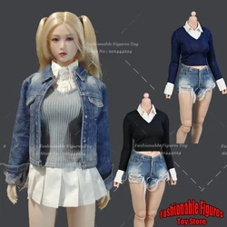 1/6 Women Soldier Blouse Knitted Sweater Slim Elastic Patchwork Pleated Dress Clothes Accessory Fit 12Inch Action Figure Body