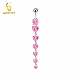 G23titan Long Dangle Pink Zircon Heart Bellybutton Ring Women Girls Surgical Piercing Titanium Navel Ring Body Beach Jewelry 14G