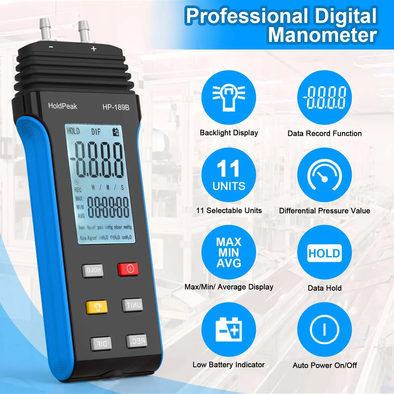 

Gas Pressure Tester HP-189B LCD Display With Backlight Digital Manomete Dual-Port Manometer for any gas pressure system trouble