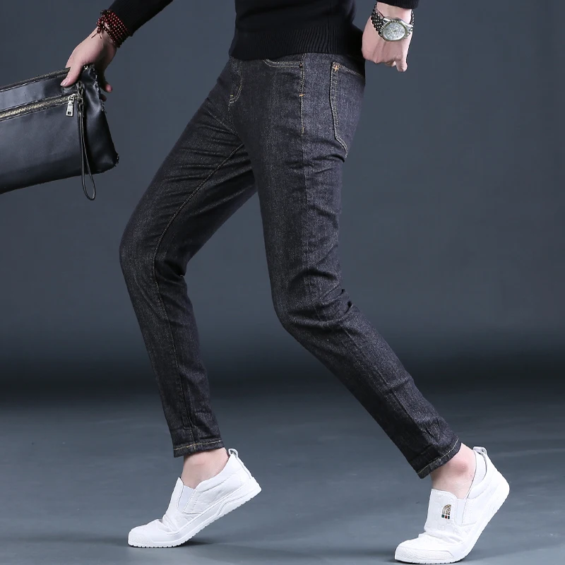 Autumn Men Black Jeans Casual Slim Fit Straight Leg Pants Streetwear Fashion Pure Color Cotton Denim Trousers CP2106
