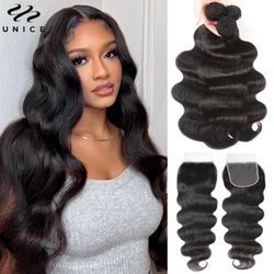 Unice Hair Body Wave Bundles With 5x5 HD Lace Closure Natural Color 100% Human Hair 3/4 PCS Bundles With Closure