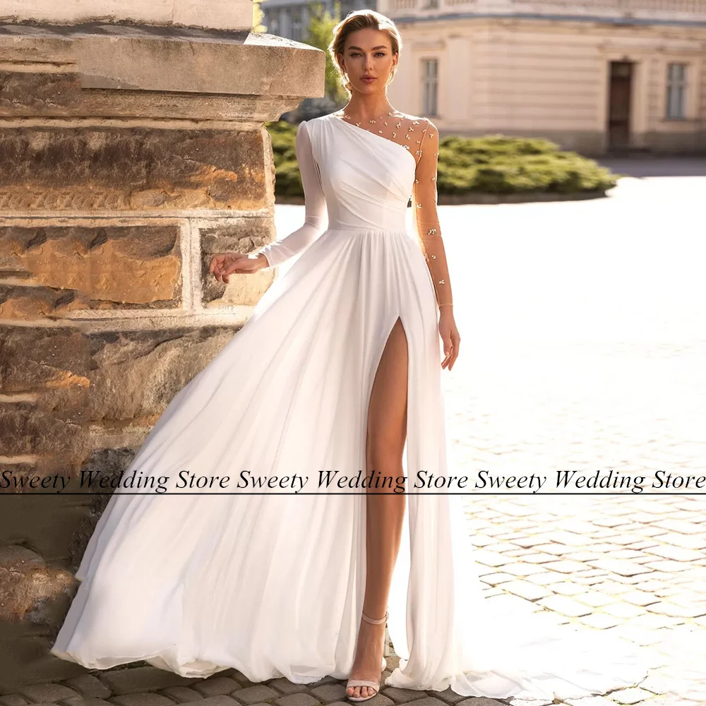 Boho Beach Wedding Dress Jiayigong Long Sleeves Beading Stones Sweep Train Split Chiffon A Line Summer Bridal Gown Vestido Noiva