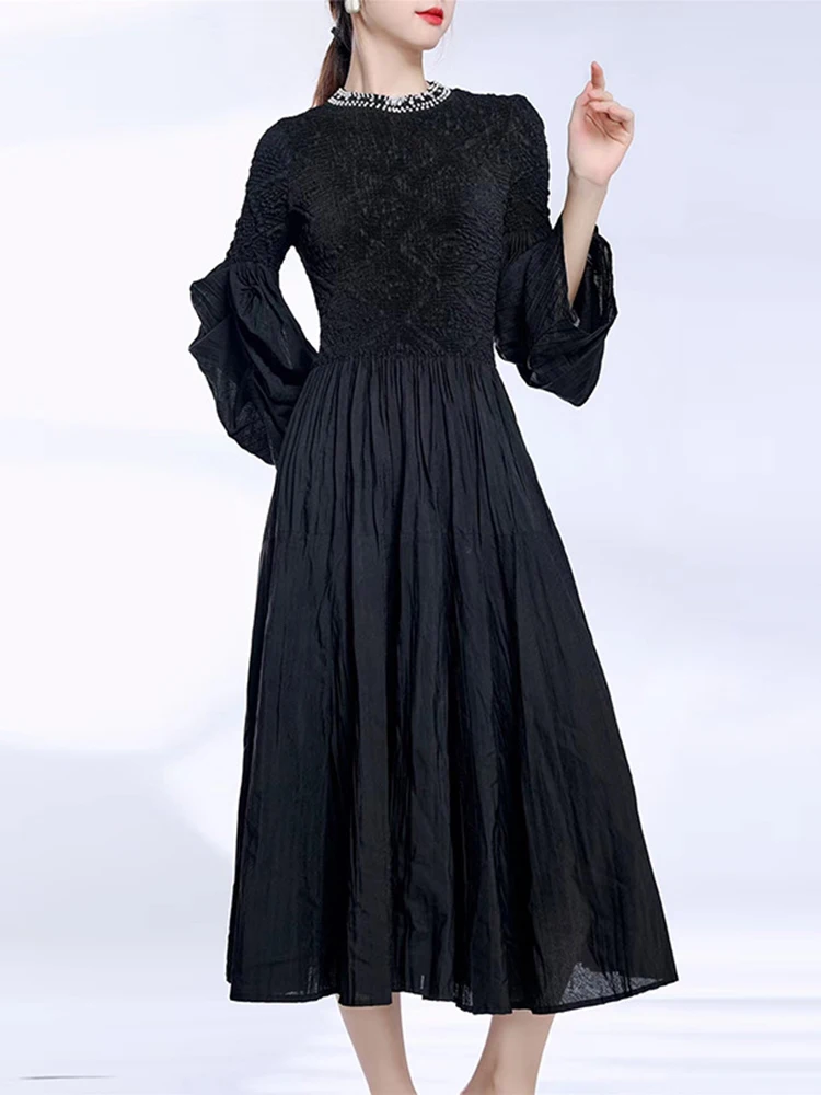 GVUW Pleated Round Collar Beading Dress Women Elegant Evening Party Fashion A Line Irregular Full Sleeve Medium Long 17G3156