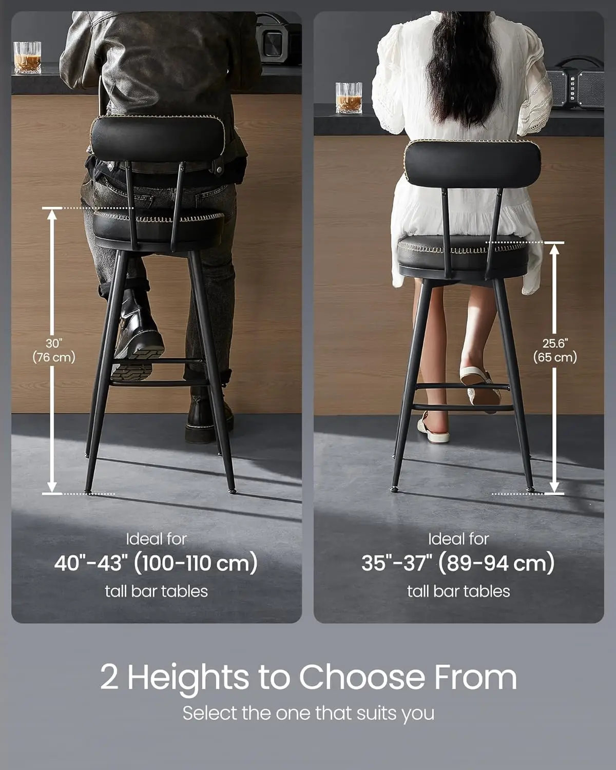 Bar Stools Set of 2, Counter Height Swivel Bar Stools with Back, Synthetic Leather with Stitching