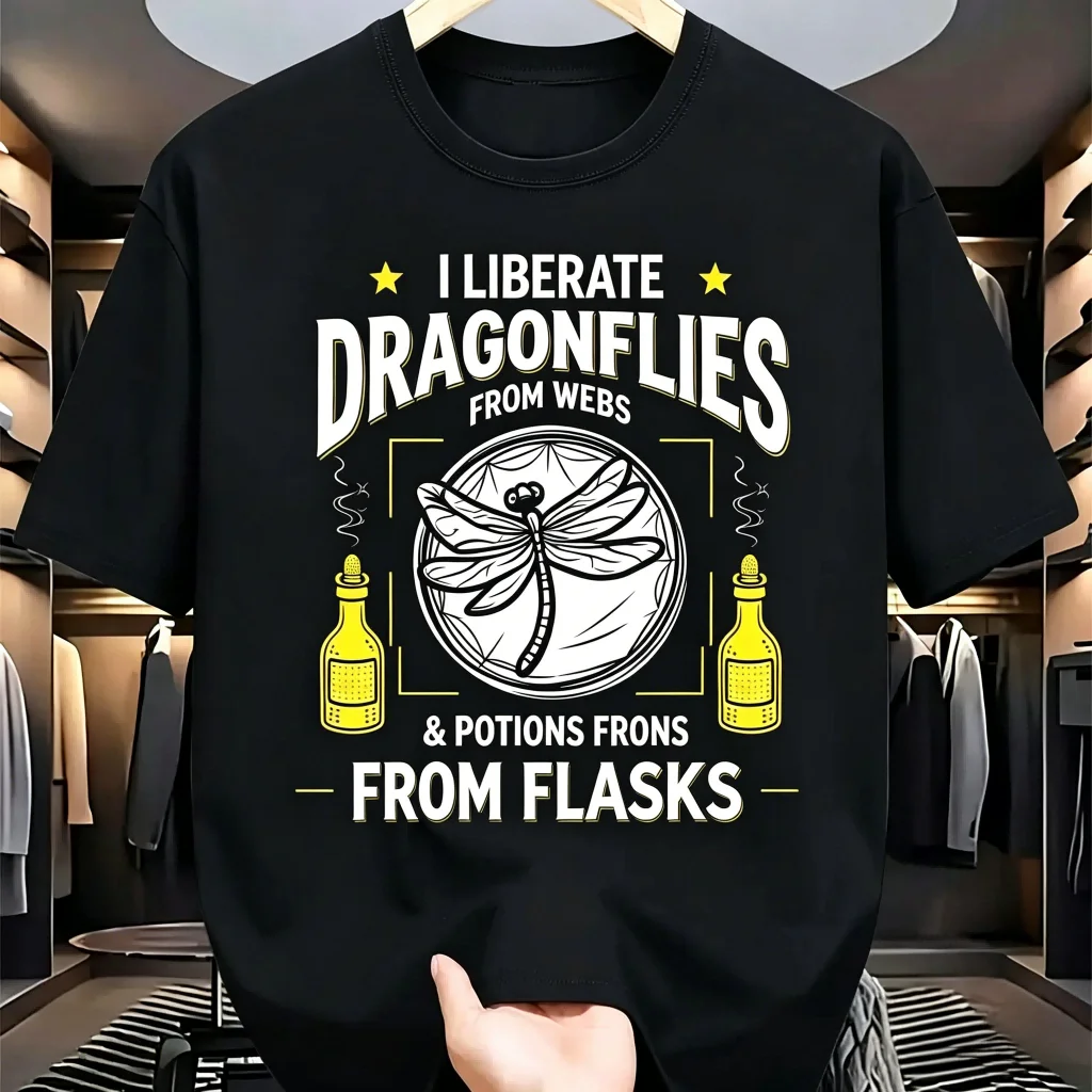Camiseta de algodón negra para hombre, I Liberate Dragonflies From Webs, divertida camiseta con diseño de pociones y frascos, humor, cuello redondo, manga corta