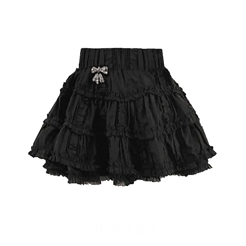 Hot drilling Bow Ball Gown Skirt Women Black High Waist Fashion Slim Fuffy Mini Skirt q32