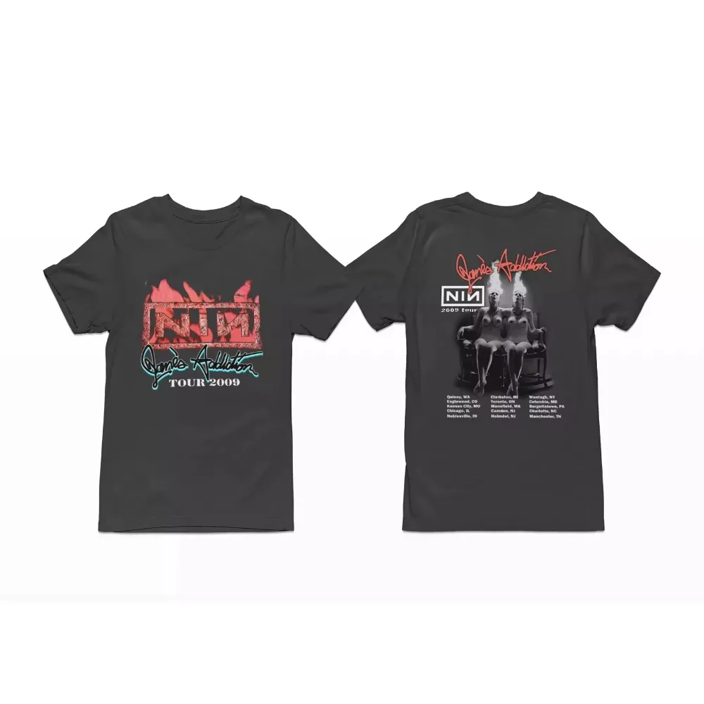 Nine Inch Nails NIN 2009 concierto Merch 2 caras Vintage gráfico camiseta masculina americano Hip Hop Rock manga corta hombres mujeres calle
