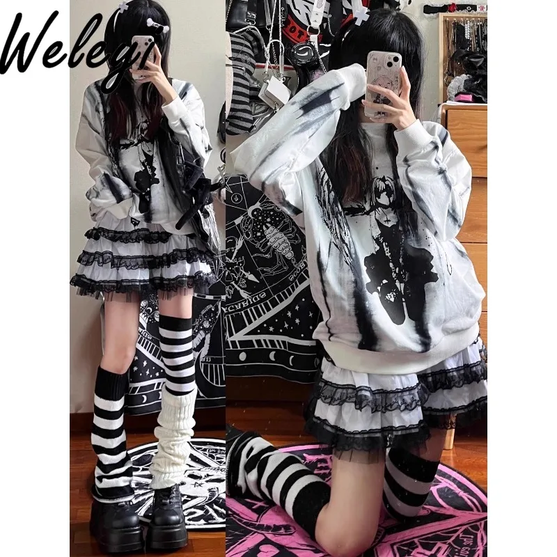 

Jirai Kei Gothic Loose Long Sleeve Sweatershirt Y2k Hot Girl Spring and Autumn Steampunk Top Japanese Yabi Style Cultural Blusas